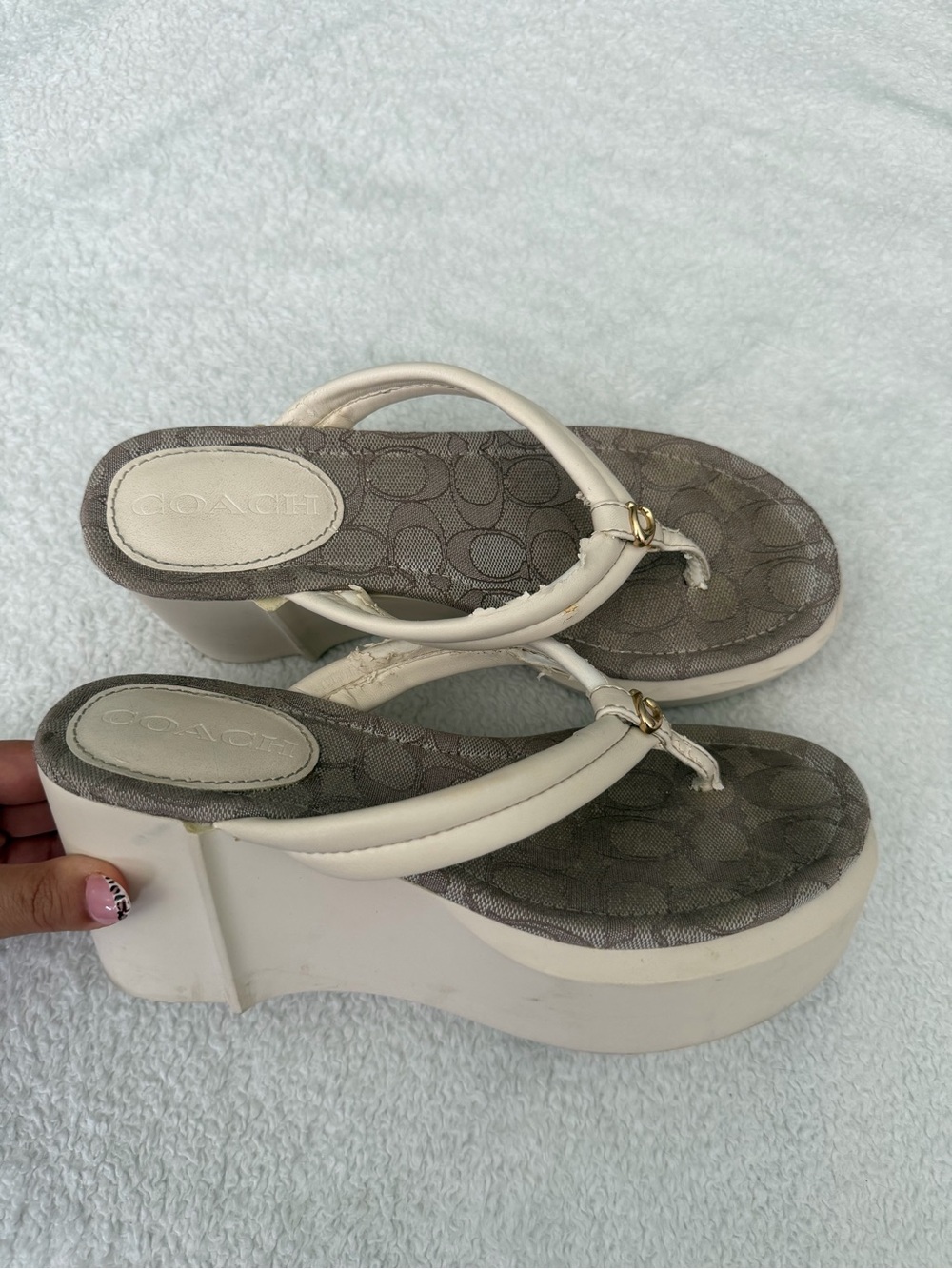 Coach Cream Platform Thong Sandals with Signature Jacquard Footbed